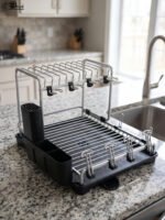 Modern 2-tier stainless steel dish drying rack with integrated knife block, utensil caddy, cup holders, and drainage tray on a granite countertop next to the sink.