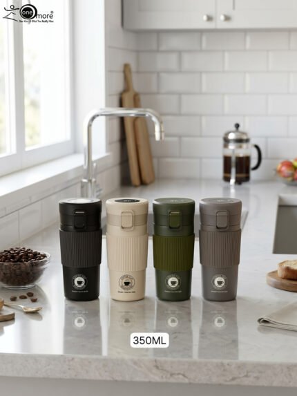 Four 350ml insulated travel coffee mugs in black, beige, olive green, and grey on a kitchen countertop next to coffee beans.
