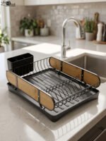 Matte black metal dish drying rack with natural wooden side accents, a black cutlery holder, and a removable drip tray sitting next to a kitchen sink.