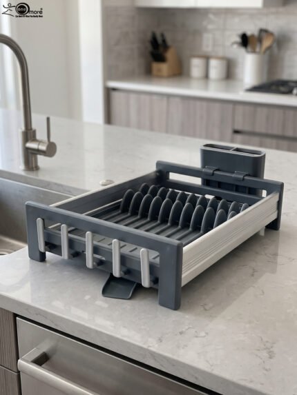 Modern grey and silver expandable kitchen dish drying rack with plate slots, utensil caddy, and drain spout sitting on a countertop next to a sink.