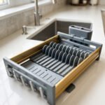 Modern grey and gold dish drying rack placed next to a sink on a kitchen countertop.
