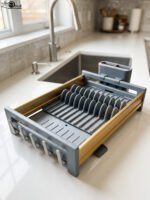 Modern grey and gold dish drying rack placed next to a sink on a kitchen countertop.