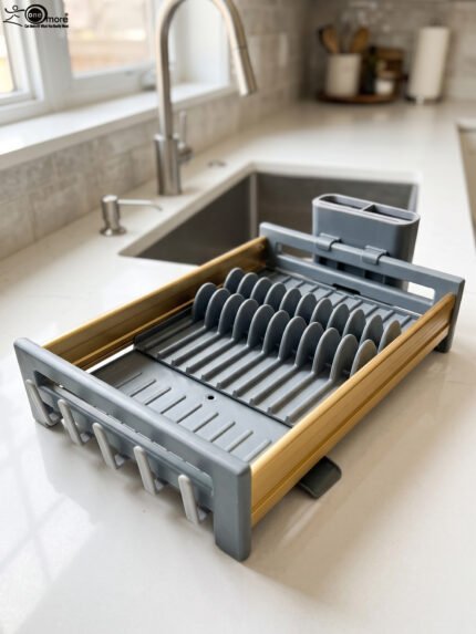Modern grey and gold dish drying rack placed next to a sink on a kitchen countertop.