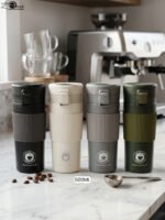 Four 500ml thermal travel coffee mugs in black, cream, grey, and olive green with silicone grips on a kitchen counter