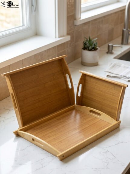 3 piece natural bamboo wooden serving tray set with cut-out side handles on a marble kitchen countertop