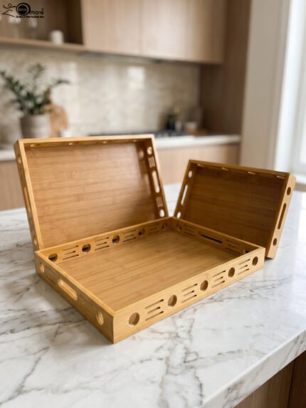 Set of 3 natural wooden serving trays with side cutout designs and built-in handles on a marble kitchen countertop