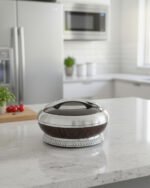 Round dark wood grain insulated hotpot casserole with a sparkling rhinestone base and chrome lid handle on a white kitchen countertop