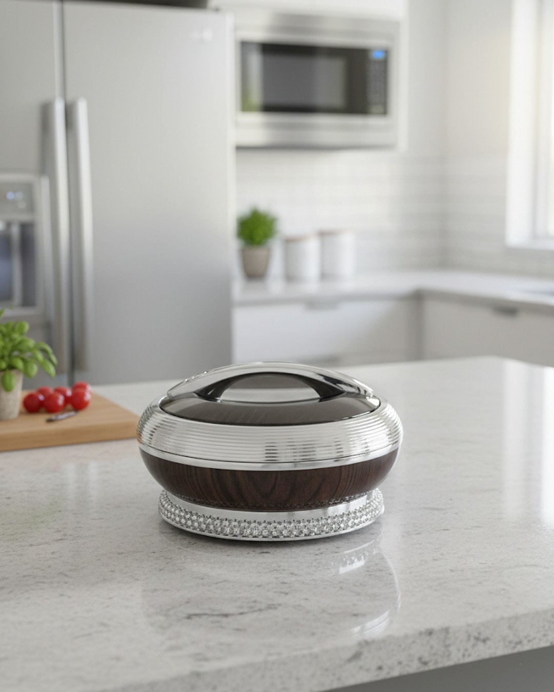 1 Round dark wood grain insulated hotpot casserole with a sparkling rhinestone base and chrome lid handle on a white kitchen countertop