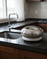 An elegant champagne-colored insulated luxury hotpot casserole with a sparkling crystal rhinestone base and chrome accents, sitting on a dark kitchen countertop.