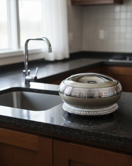 An elegant champagne-colored insulated luxury hotpot casserole with a sparkling crystal rhinestone base and chrome accents, sitting on a dark kitchen countertop.