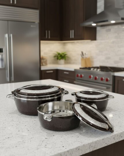 3-piece stacked luxury insulated hot pot casserole set in dark brown with silver chrome trim on a dining table setup.