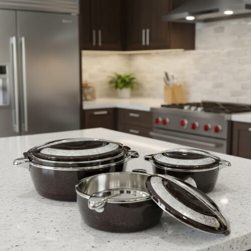 3-piece stacked luxury insulated hot pot casserole set in dark brown with silver chrome trim on a dining table setup.