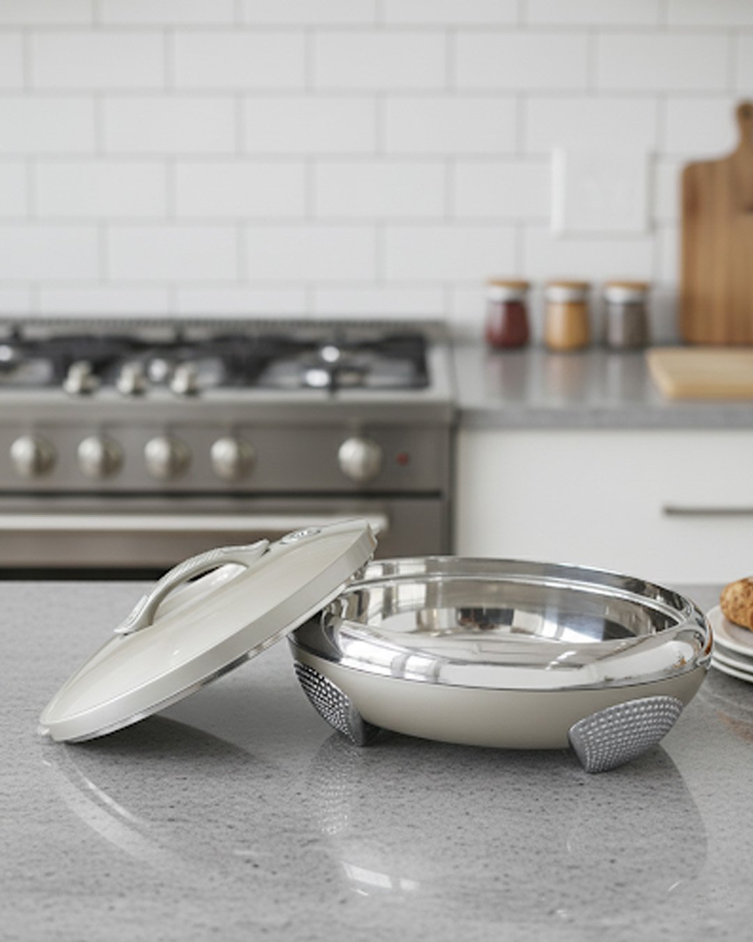 1 Cream and stainless steel insulated thermal hotpot casserole dish with lid resting on a granite kitchen countertop.