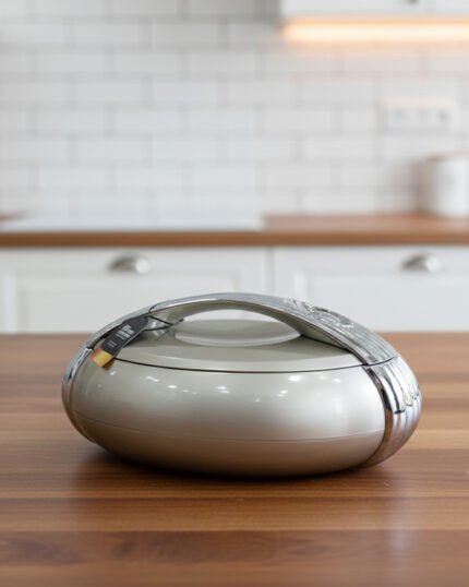 Modern grey insulated hotpot casserole with polished chrome handle on a wooden kitchen countertop