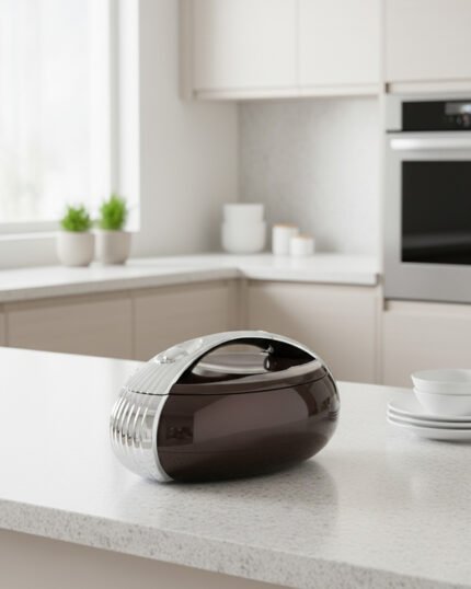 Glossy brown oval insulated hotpot casserole with chrome handle on a modern kitchen countertop.