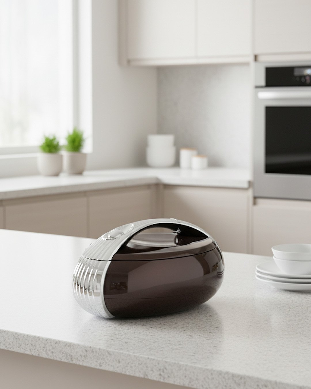 1 Glossy brown oval insulated hotpot casserole with chrome handle on a modern kitchen countertop.