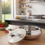 Grey insulated stainless steel hotpot casserole dish with an ornate decorative lid on a modern kitchen countertop