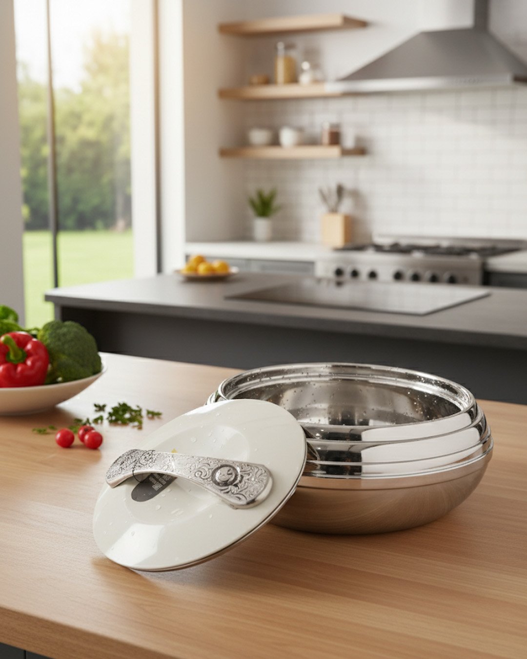 1 Grey insulated stainless steel hotpot casserole dish with an ornate decorative lid on a modern kitchen countertop