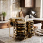 Luxury black and gold ceramic soup set with double-handled cups, covered soup tureen, white spoons, and gold metal display rack on a marble kitchen counter.