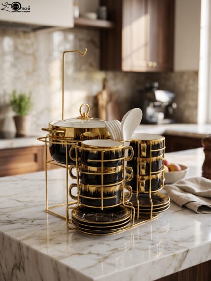 Luxury black and gold ceramic soup set with double-handled cups, covered soup tureen, white spoons, and gold metal display rack on a marble kitchen counter.