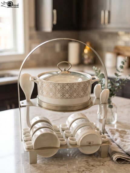 Luxury white and gold geometric pattern ceramic soup tureen set with matching mugs, spoons, and silver metallic rack on a marble kitchen counter