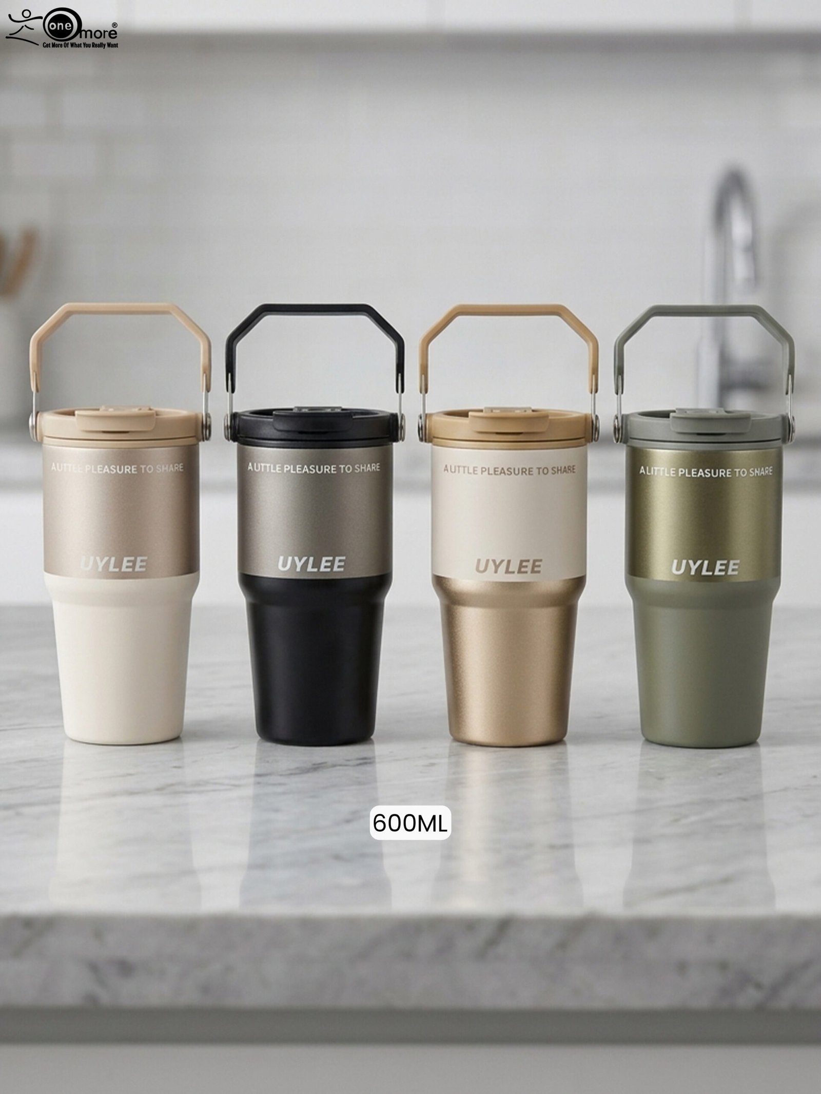1 Four UYLEE 600ml stainless steel insulated travel tumblers with folding handles shown in beige, matte black, champagne gold, and olive green on a marble countertop.