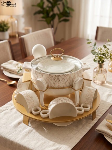 Ceramic soup tureen set with glass lid, matching double-handled bowls, saucers, spoons, and a gold metal warming stand on a dining table setting.
