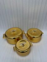 3-piece luxury brushed gold insulated hot pot set with clear acrylic lid handles on a kitchen counter