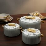 3-piece grey fluted hot pot set with marble patterned lids and gold handles in 2L, 4L, and 6.5L capacities