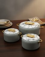3-piece grey fluted hot pot set with marble patterned lids and gold handles in 2L, 4L, and 6.5L capacities