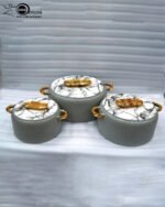 3-piece grey fluted hot pot set with marble patterned lids and gold handles in 2L, 4L, and 6.5L capacities