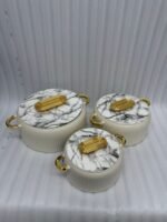 3 piece luxury off white hot pot set with marble finish lids and gold handles in 2L, 4L, and 6.5L sizes