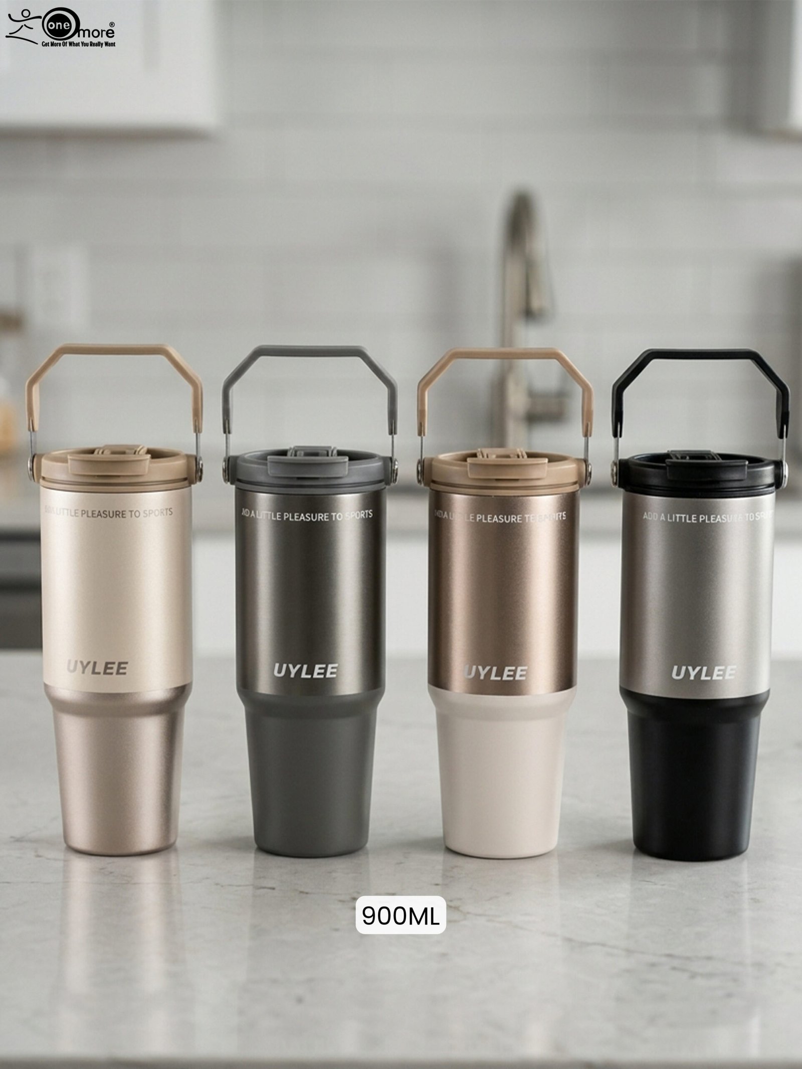 1 Four UYLEE 900ml stainless steel insulated travel tumblers with flexible handles displayed in neutral colors on a countertop.
