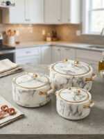 3-piece white marble finish insulated hot pot set with gold handles and lid trim in 1L, 2L, and 3.5L sizes