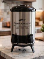 DAY DAYS 9.5 Liter stainless steel insulated hot and cold beverage dispenser with dual spigots on a countertop