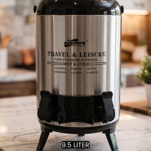 DAY DAYS 9.5 Liter stainless steel insulated hot and cold beverage dispenser with dual spigots on a countertop