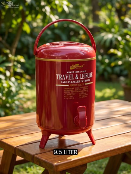 Red DAY DAYS 9.5 liter insulated portable water cooler jug with dispenser tap and foldable legs on a wooden picnic table.