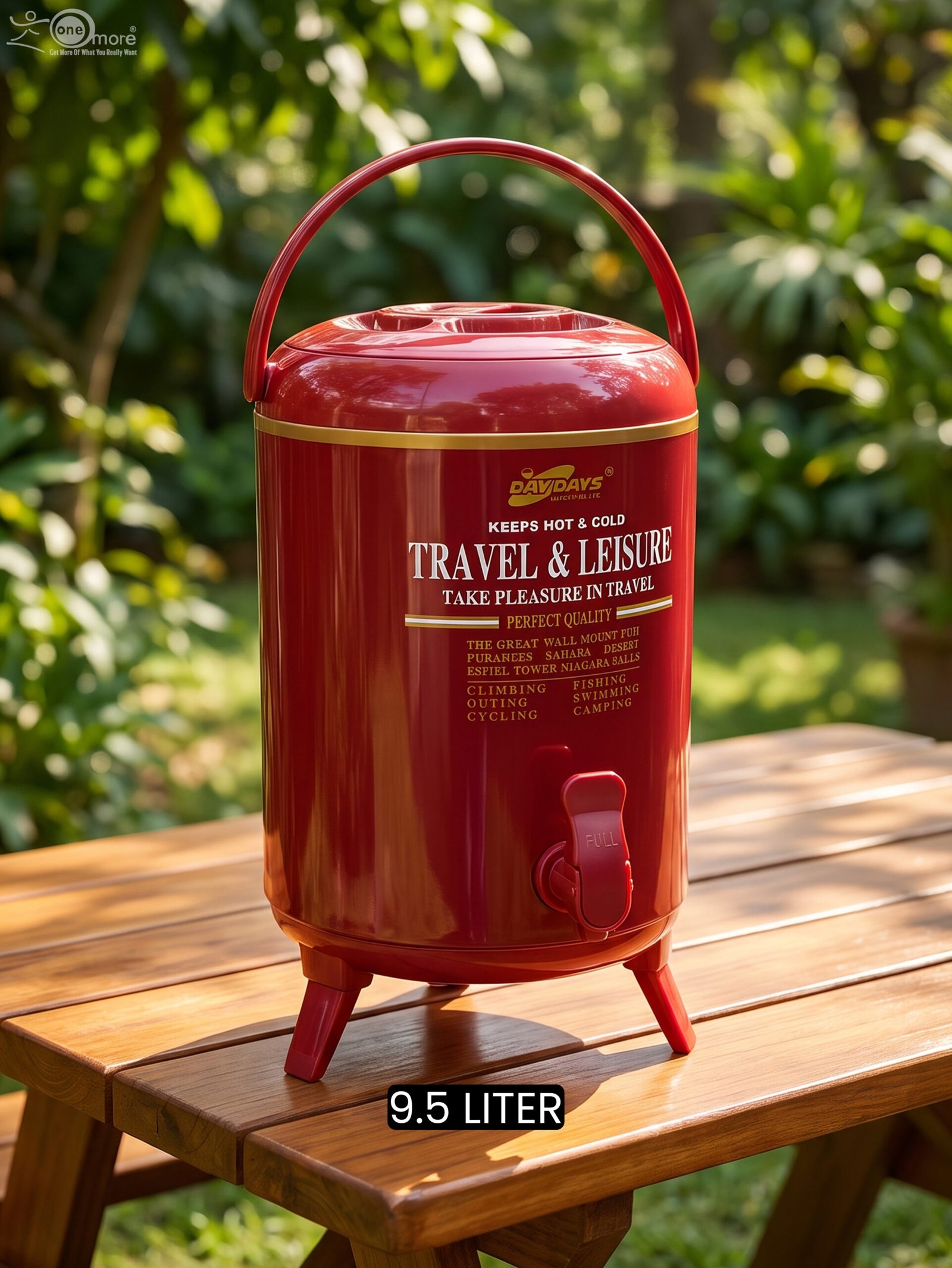 1 Red DAY DAYS 9.5 liter insulated portable water cooler jug with dispenser tap and foldable legs on a wooden picnic table.