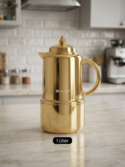 Polished metallic gold 1-liter thermal vacuum flask for coffee and tea displayed on a marble kitchen countertop