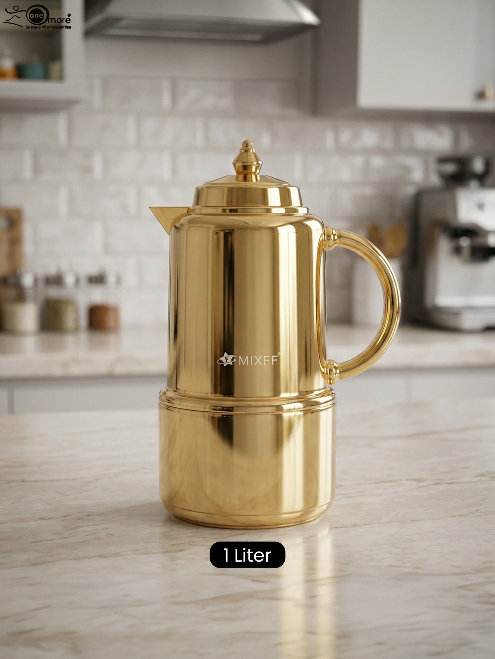 1 Polished metallic gold 1-liter thermal vacuum flask for coffee and tea displayed on a marble kitchen countertop