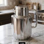 One More 1 Liter polished fluted stainless steel thermal vacuum flask on a marble kitchen countertop