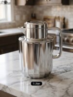 One More 1 Liter polished fluted stainless steel thermal vacuum flask on a marble kitchen countertop