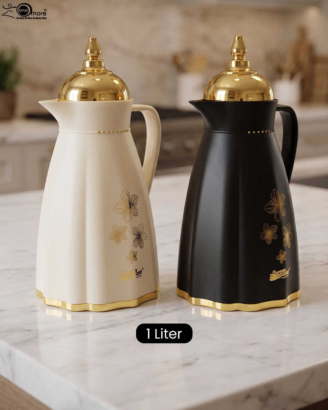 1 Cream and black 1 liter luxury thermal flasks with ornate gold lids and floral motifs on a marble kitchen countertop.Cream and black 1 liter luxury thermal flasks with ornate gold lids and floral motifs on a marble kitchen countertop.Cream and black 1 liter luxury thermal flasks with ornate gold lids and floral motifs on a marble kitchen countertop.