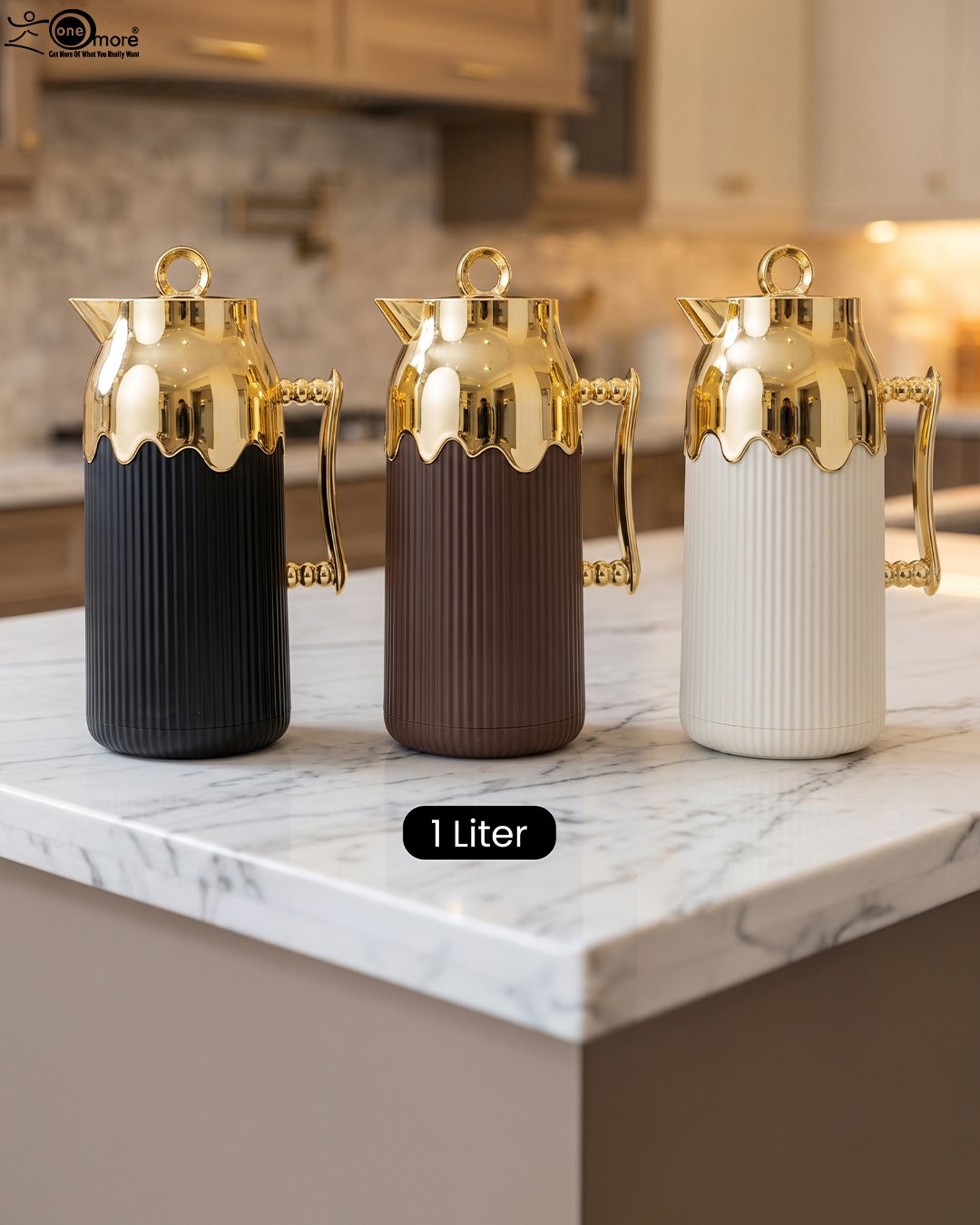 1 Three One More 1 Liter luxury thermal vacuum flasks in black, brown, and cream with fluted ribbed bodies, ornate gold handles, and gold crown tops on a marble kitchen counter.Three One More 1 Liter luxury thermal vacuum flasks in black, brown, and cream with fluted ribbed bodies, ornate gold handles, and gold crown tops on a marble kitchen counter.Three One More 1 Liter luxury thermal vacuum flasks in black, brown, and cream with fluted ribbed bodies, ornate gold handles, and gold crown tops on a marble kitchen counter.Three One More 1 Liter luxury thermal vacuum flasks in black, brown, and cream with fluted ribbed bodies, ornate gold handles, and gold crown tops on a marble kitchen counter.Three One More 1 Liter luxury thermal vacuum flasks in black, brown, and cream with fluted ribbed bodies, ornate gold handles, and gold crown tops on a marble kitchen counter.