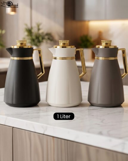 Trio of One More 1-liter modern thermal vacuum flasks in matte black, off-white, and gray featuring luxurious gold handles and caps displayed on a marble kitchen countertop.Trio of One More 1-liter modern thermal vacuum flasks in matte black, off-white, and gray featuring luxurious gold handles and caps displayed on a marble kitchen countertop.Trio of One More 1-liter modern thermal vacuum flasks in matte black, off-white, and gray featuring luxurious gold handles and caps displayed on a marble kitchen countertop.Trio of One More 1-liter modern thermal vacuum flasks in matte black, off-white, and gray featuring luxurious gold handles and caps displayed on a marble kitchen countertop.
