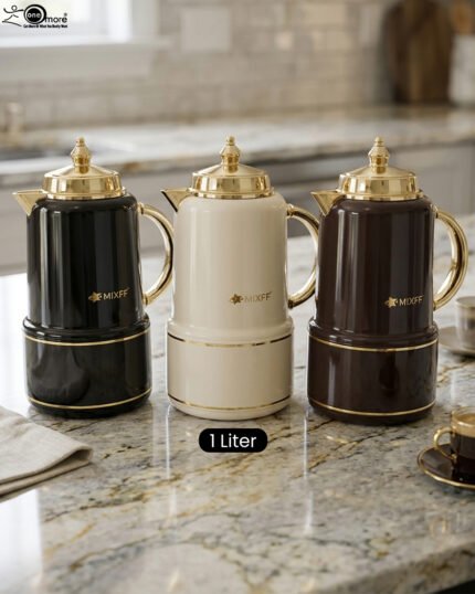 Three luxury 1-liter MIXFF vacuum flasks in black, cream, and dark brown with gold handles and spouts on a marble countertop.Three luxury 1-liter MIXFF vacuum flasks in black, cream, and dark brown with gold handles and spouts on a marble countertop.Three luxury 1-liter MIXFF vacuum flasks in black, cream, and dark brown with gold handles and spouts on a marble countertop.Three luxury 1-liter MIXFF vacuum flasks in black, cream, and dark brown with gold handles and spouts on a marble countertop.