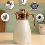 Off-white 1 Litre thermal vacuum flask featuring a rose gold handle, air-tight cap, and push-to-pour button.