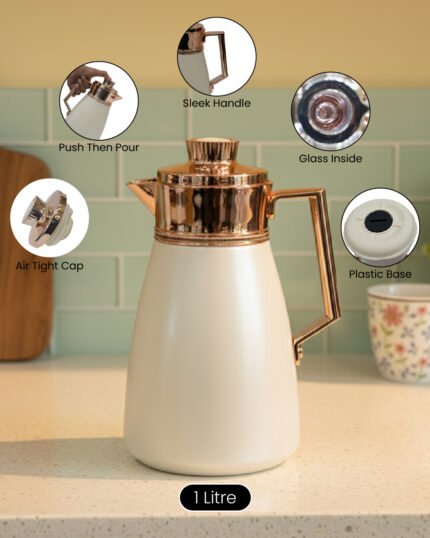 Off-white 1 Litre thermal vacuum flask featuring a rose gold handle, air-tight cap, and push-to-pour button.