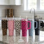 Six 1180ml leopard print insulated travel tumblers with handles and straws displayed in various colors on a kitchen counter.