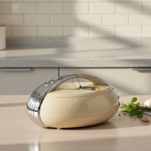 Modern brown insulated hotpot casserole with sleek chrome handle accents on a wooden kitchen countertop